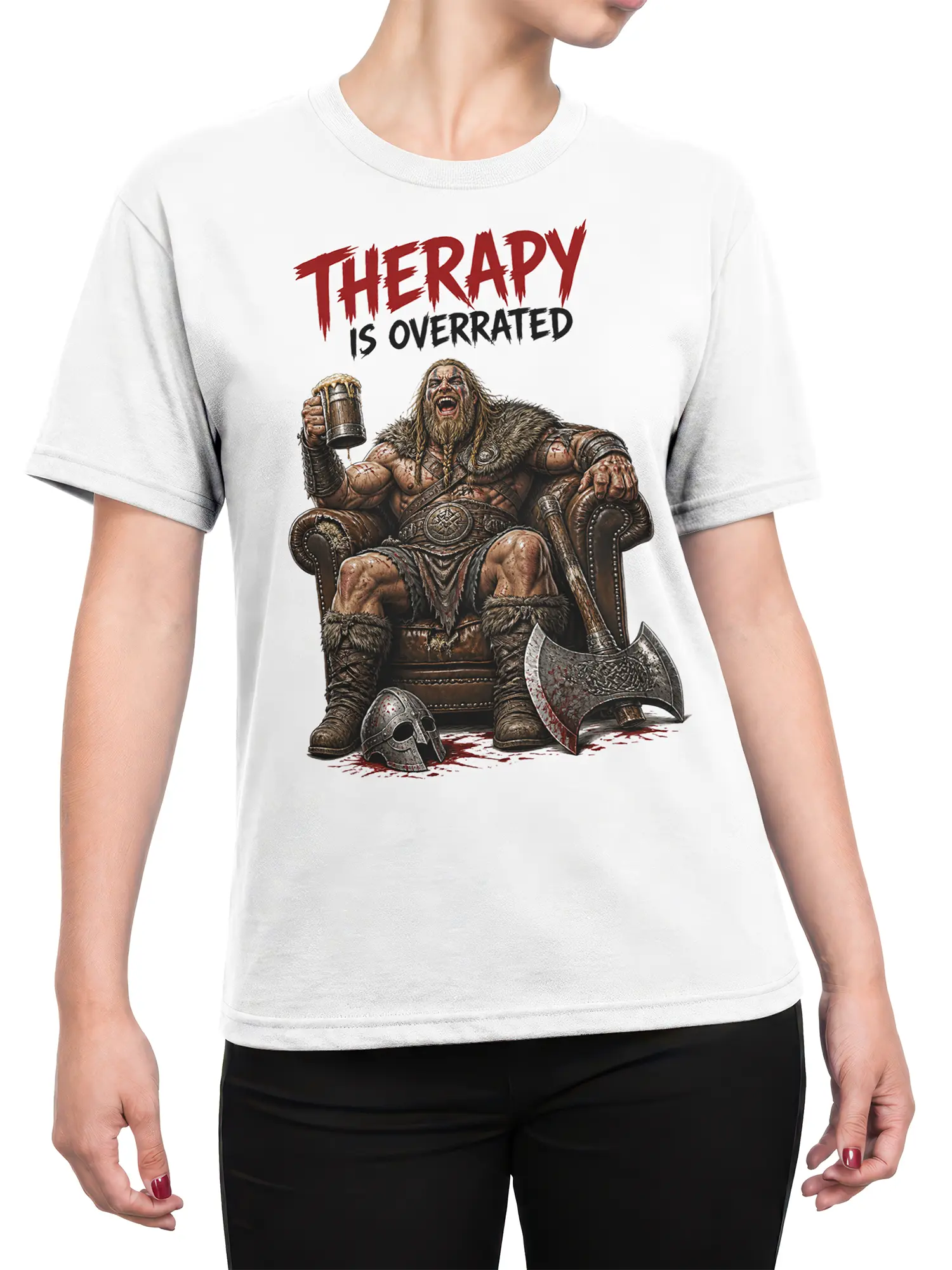 Female torso wearing a white Viking T-shirt with seated warrior, battle axe, mug, and sarcastic text