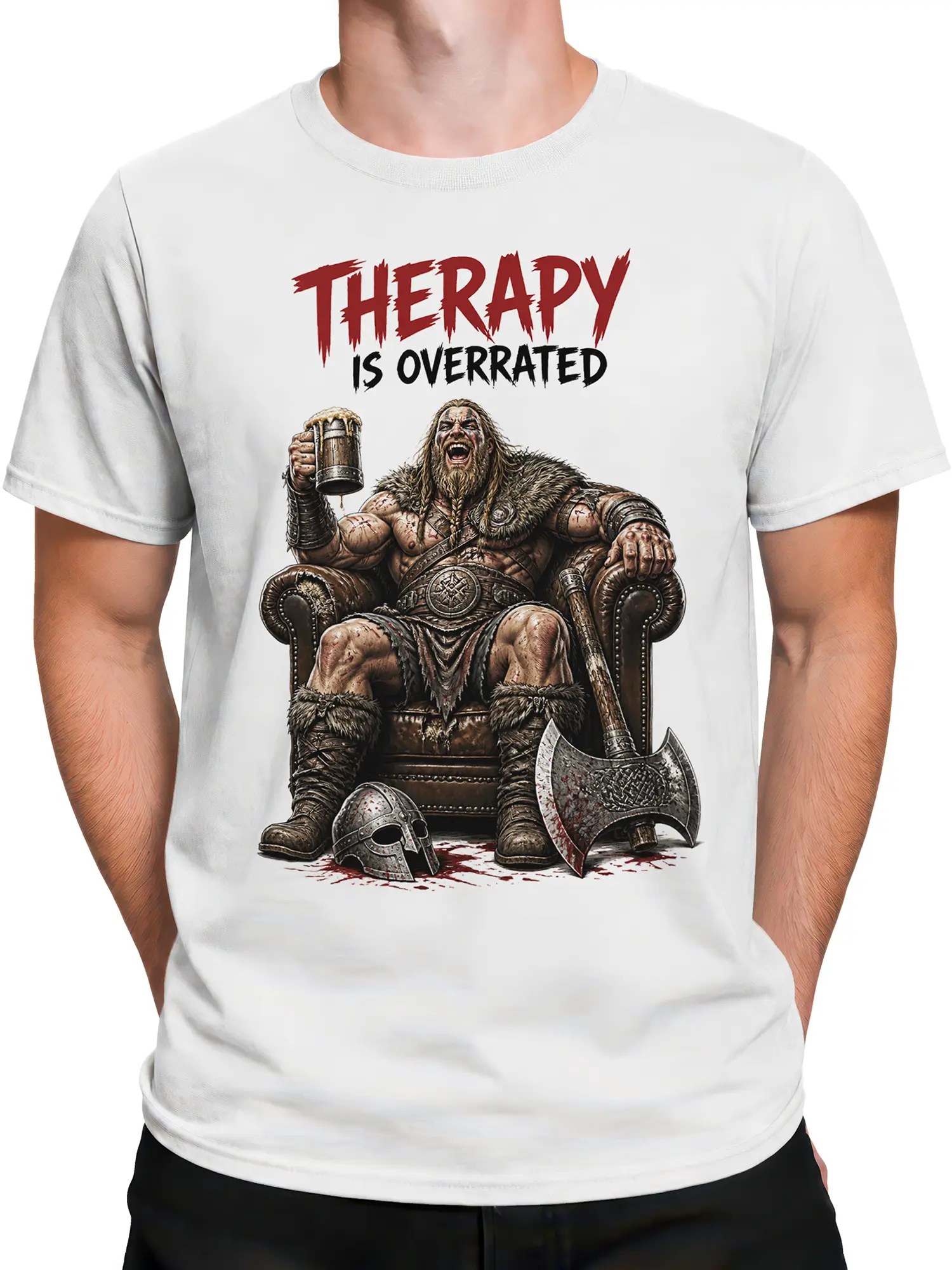 Male torso wearing a white Viking graphic tee with warrior throne scene, battle axe, mug, and bold slogan