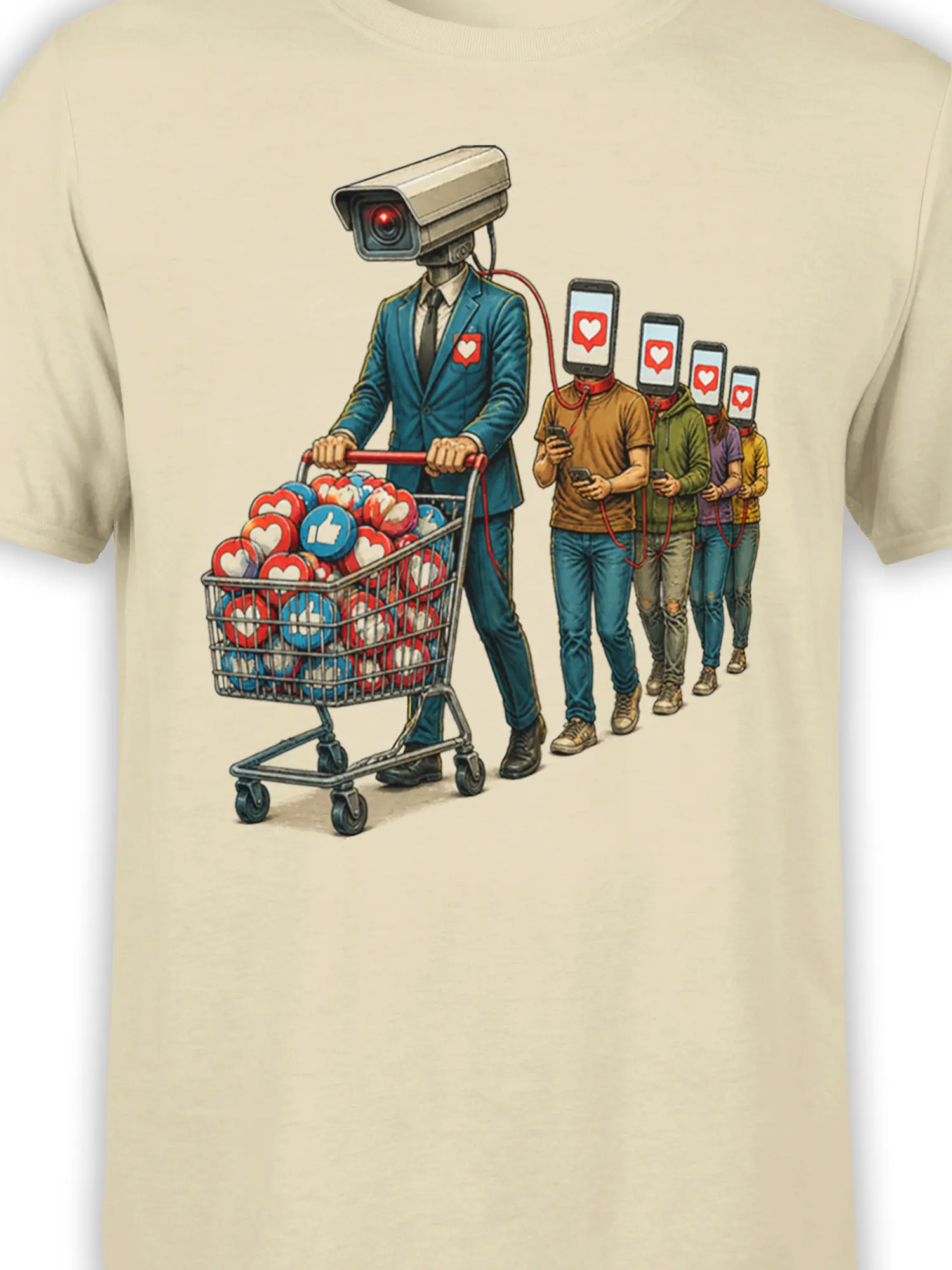 Close-up of camera-headed executive and phone-headed followers from the beige Like Machine graphic tee
