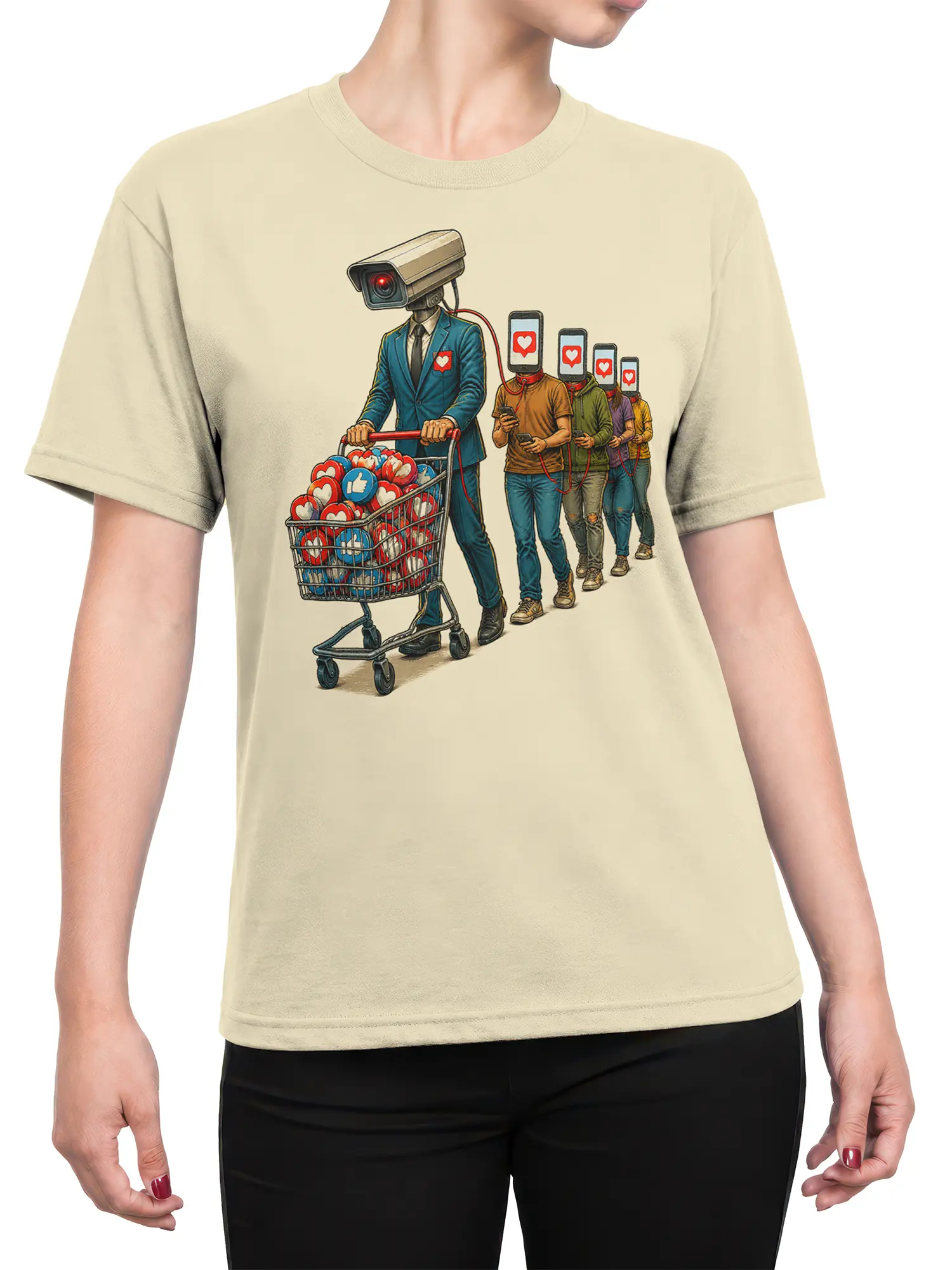 Female torso wearing a beige Like Machine T-shirt with camera-headed leader and phone-faced followers