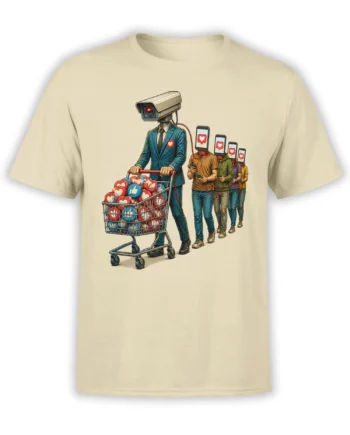 Beige social media satire T-shirt with a camera-headed executive, like-filled cart, and phone-headed followers