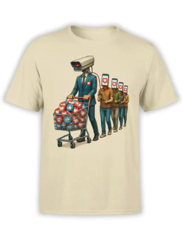 Beige social media satire T-shirt with a camera-headed executive, like-filled cart, and phone-headed followers