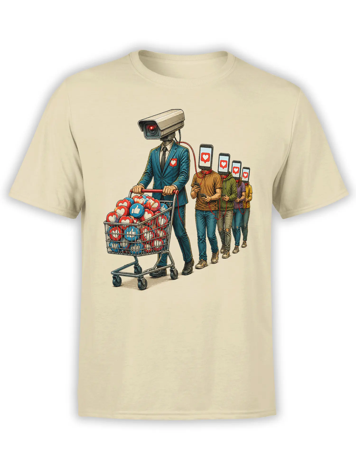Beige social media satire T-shirt with a camera-headed executive, like-filled cart, and phone-headed followers
