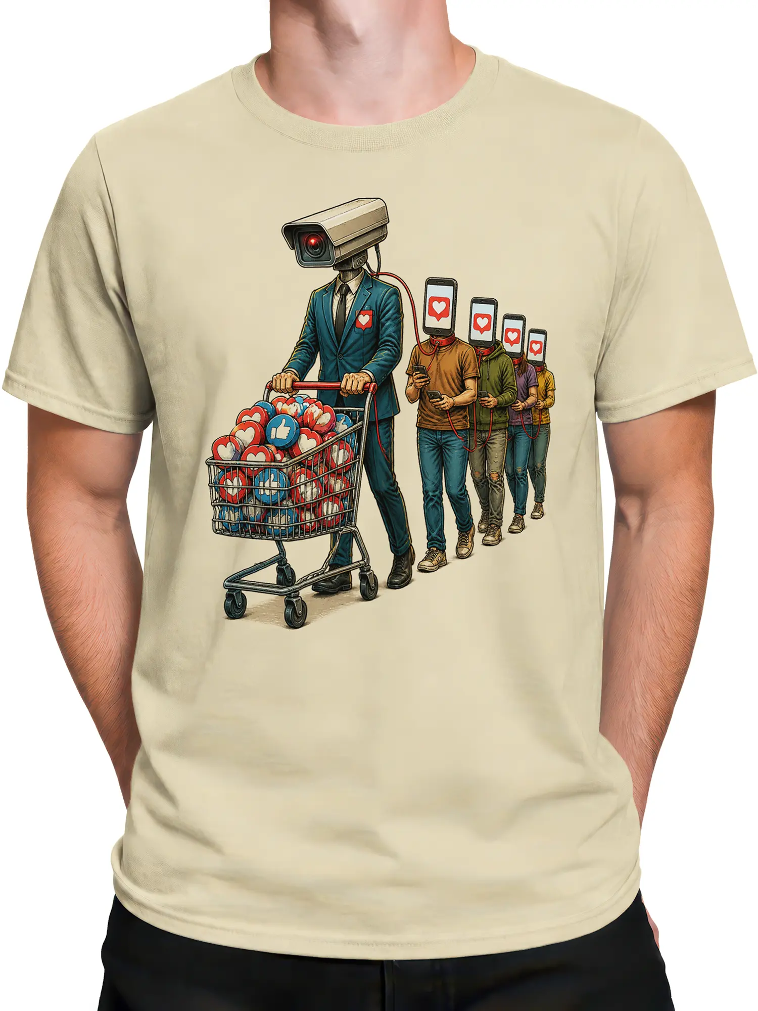 Male torso wearing a beige social media satire T-shirt with a cart of likes