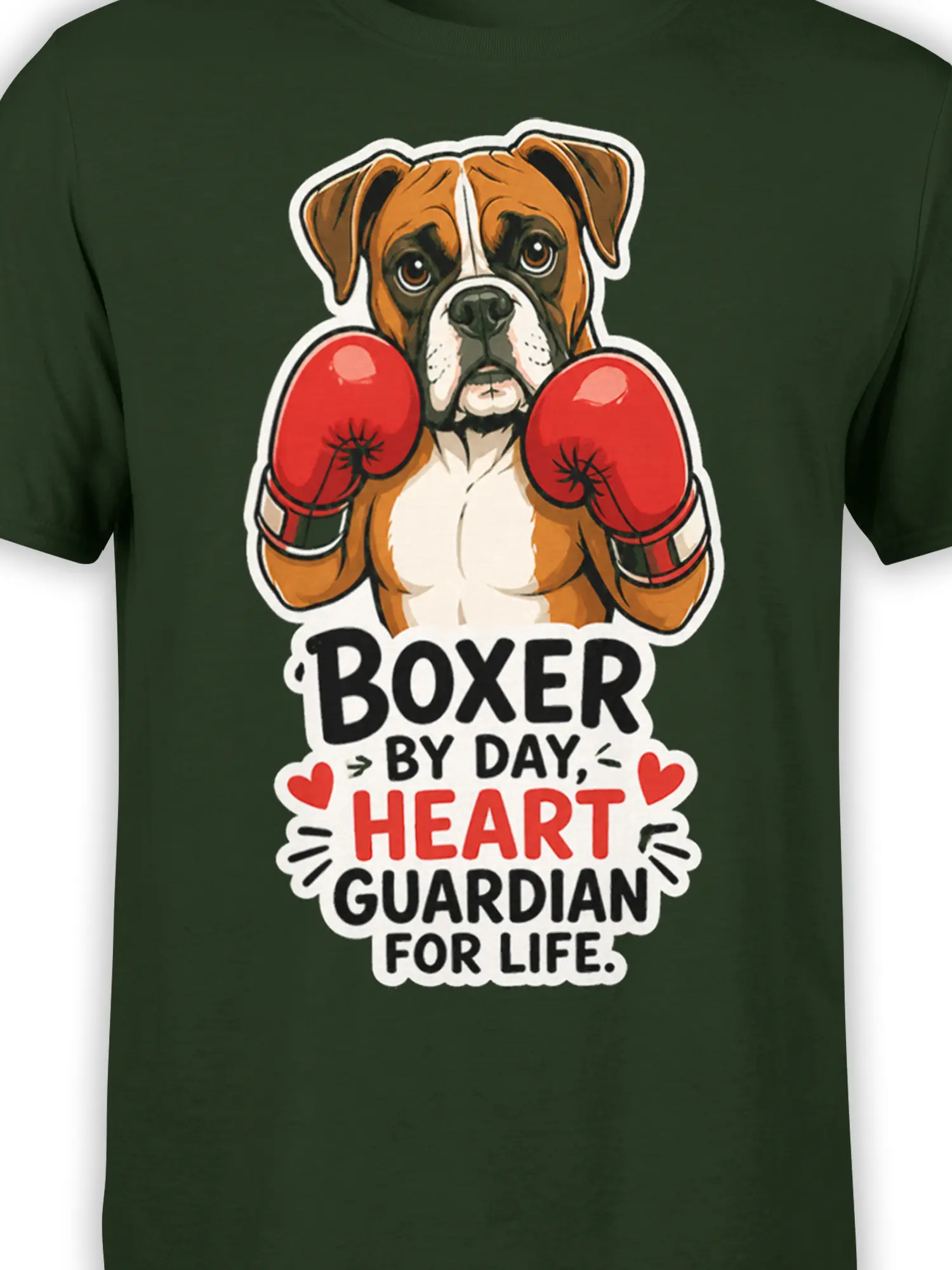 Close-up of boxer dog graphic with red gloves and heart guardian lettering on a dark green T-shirt