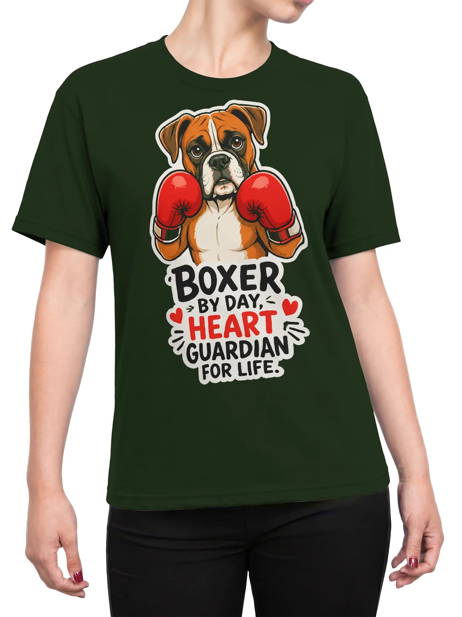 Female torso wearing a dark green boxer dog T-shirt with red boxing gloves and heart guardian artwork
