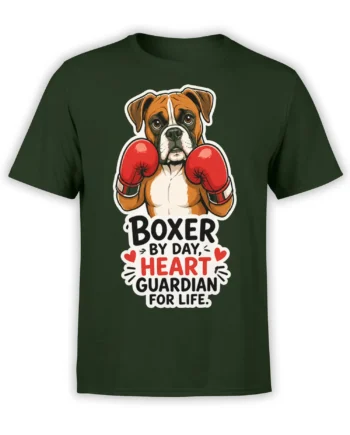 Boxer dog wearing red boxing gloves on a dark green T-shirt with a heart guardian message
