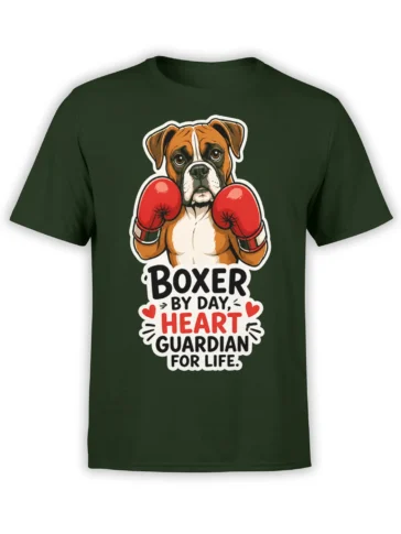 Boxer dog wearing red boxing gloves on a dark green T-shirt with a heart guardian message
