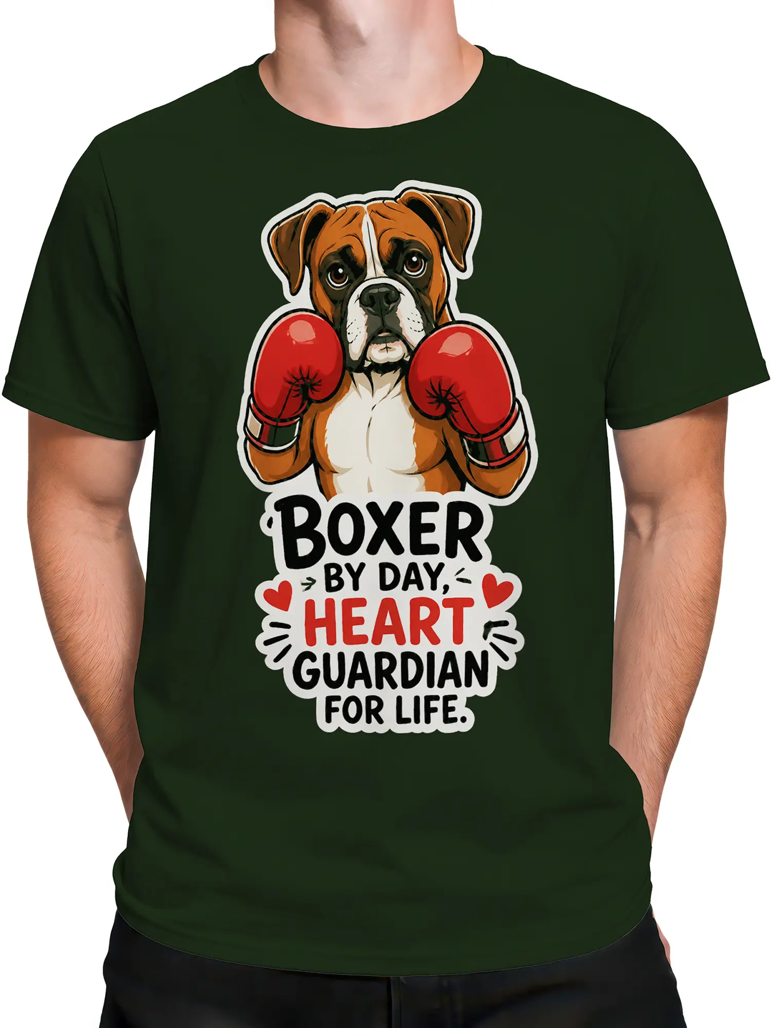 Male torso wearing a dark green boxer dog T-shirt with red boxing gloves and heart guardian artwork