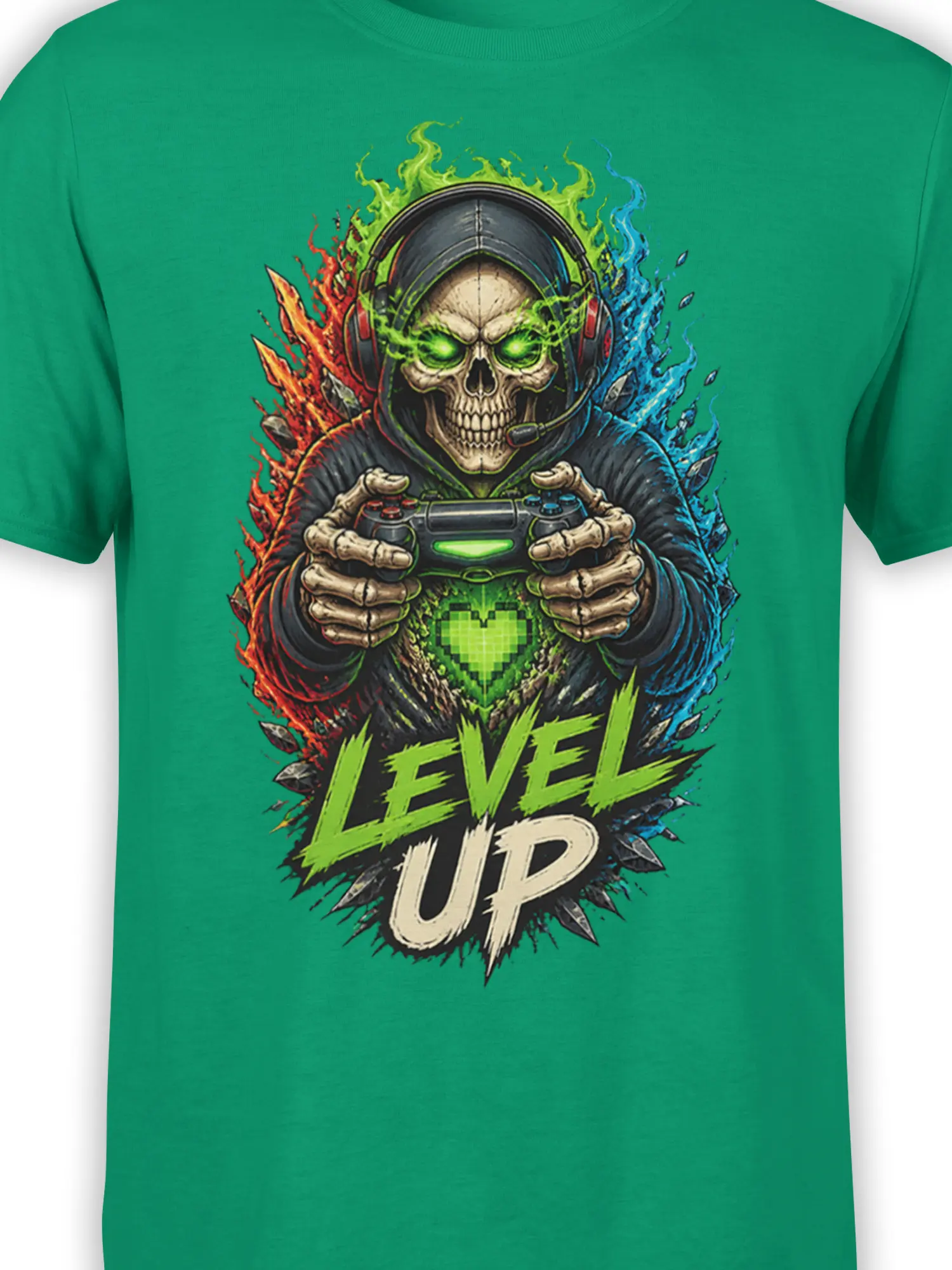 Close-up of skeleton gamer artwork with glowing eyes, controller, pixel heart, and Level Up lettering on green fabric