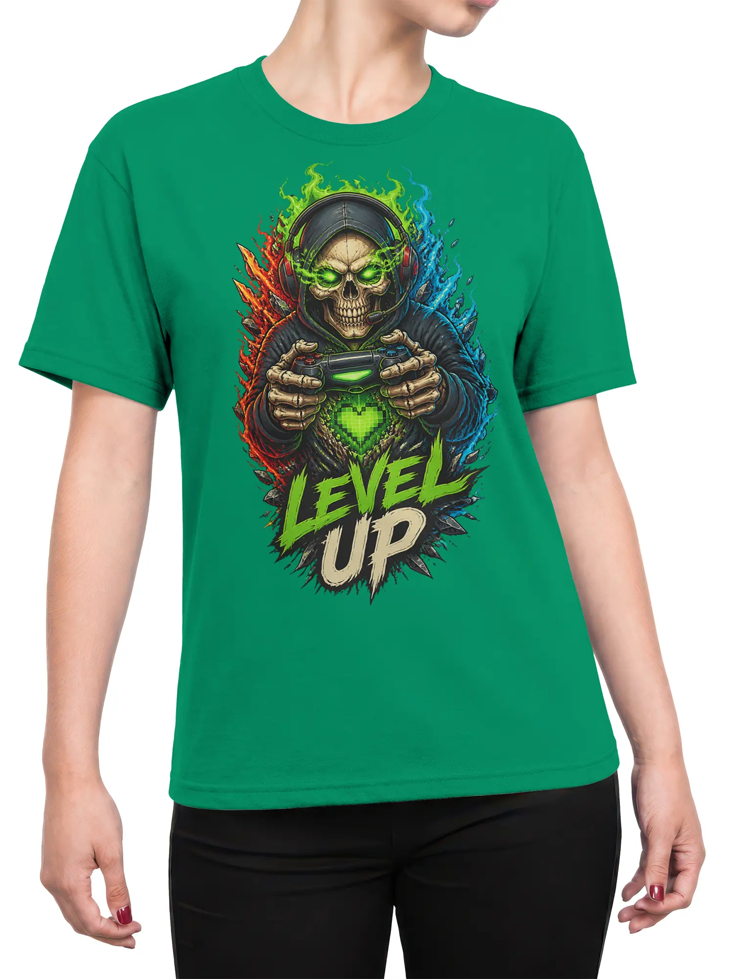 Female torso wearing a green T-shirt with a colorful skeleton gamer, headset, controller, and Level Up graphic
