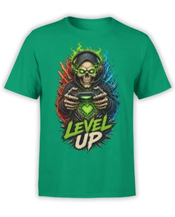 Skeleton gamer in a headset holding a controller with colorful flames and Level Up text on a green T-shirt