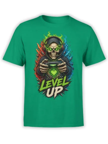 Skeleton gamer in a headset holding a controller with colorful flames and Level Up text on a green T-shirt
