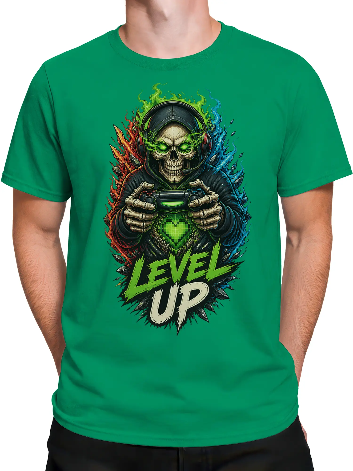 Male torso wearing a green skeleton gamer T-shirt with headset, controller, flames, and Level Up artwork