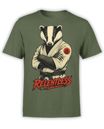 Relentless badger in a martial arts gi printed on a green graphic T-shirt
