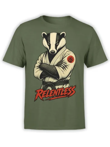 Relentless badger in a martial arts gi printed on a green graphic T-shirt
