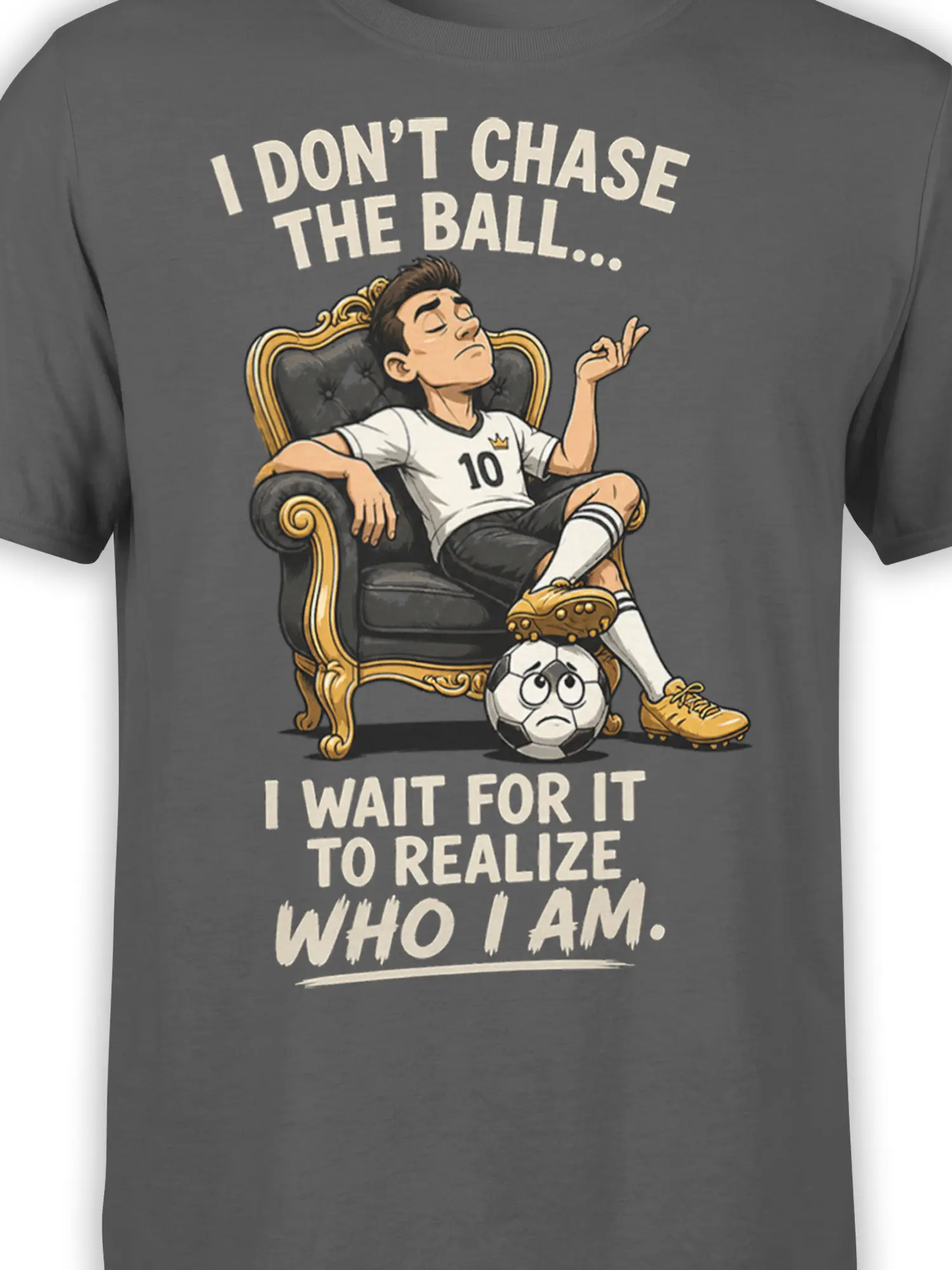 Close-up of lounging soccer player, gold throne, soccer ball, and cream lettering on gray fabric