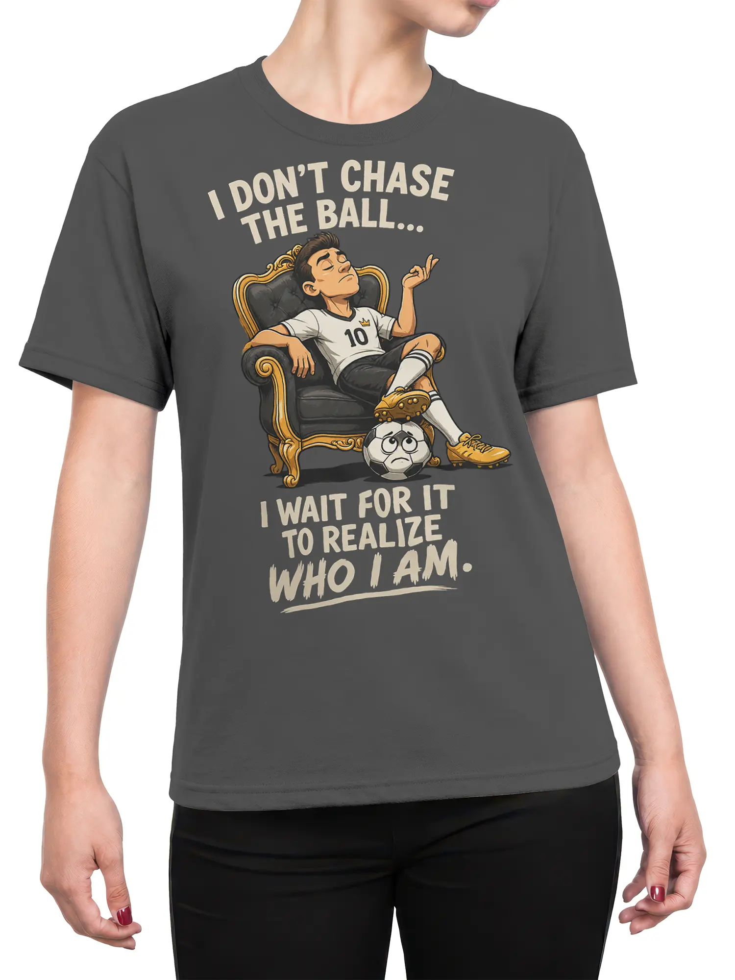 Female torso wearing gray soccer T-shirt with throne-sitting player and confident sports slogan