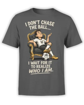 Gray soccer T-shirt with lounging player on a throne, soccer ball, and humorous confidence slogan