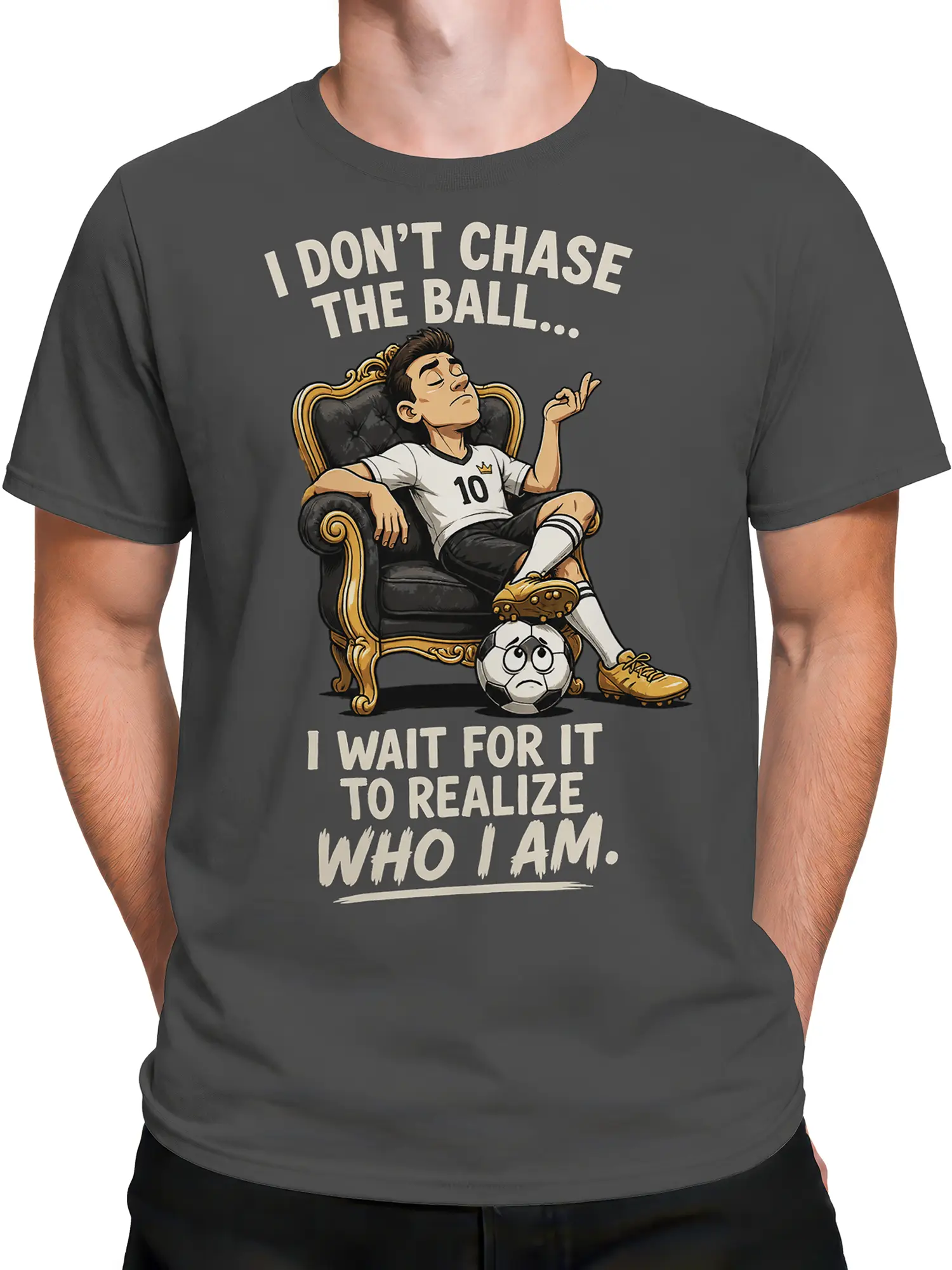 Male torso wearing gray soccer T-shirt with lounging player, soccer ball, and royal humor design