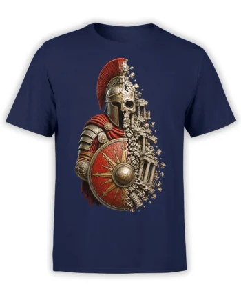 Roman warrior skull graphic with red shield and crumbling temple printed on a navy T-shirt