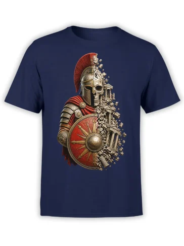 Roman warrior skull graphic with red shield and crumbling temple printed on a navy T-shirt