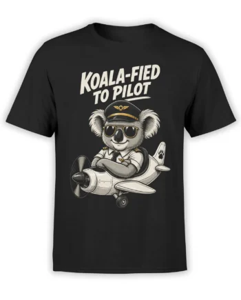 Black koala pilot T-shirt with sunglasses, flight uniform, propeller airplane, and “KOALA-FIED TO PILOT” text