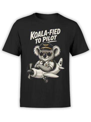 Black koala pilot T-shirt with sunglasses, flight uniform, propeller airplane, and “KOALA-FIED TO PILOT” text