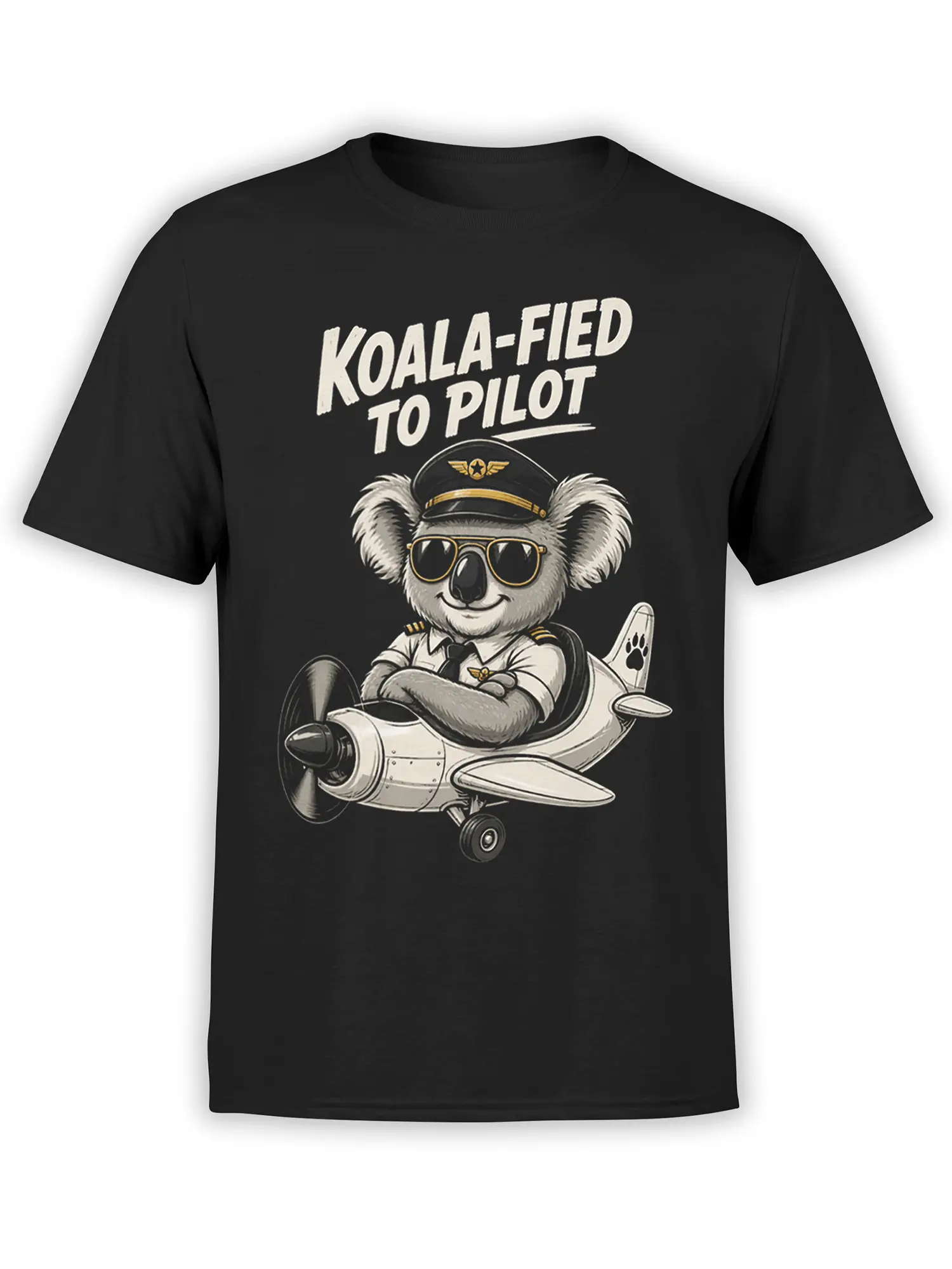 Black koala pilot T-shirt with sunglasses, flight uniform, propeller airplane, and “KOALA-FIED TO PILOT” text