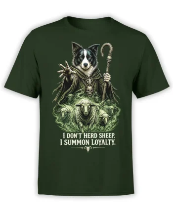 Dark green T-shirt with a mystical herding dog, skull staff, sheep flock, and loyalty slogan
