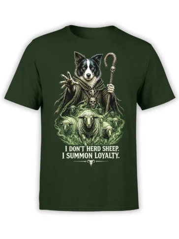 Dark green T-shirt with a mystical herding dog, skull staff, sheep flock, and loyalty slogan