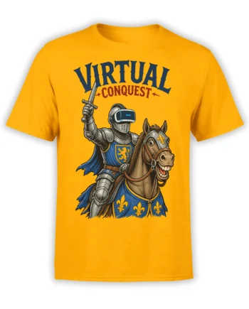 Yellow T-shirt with a VR-visored knight riding a smiling horse beneath Virtual Conquest lettering