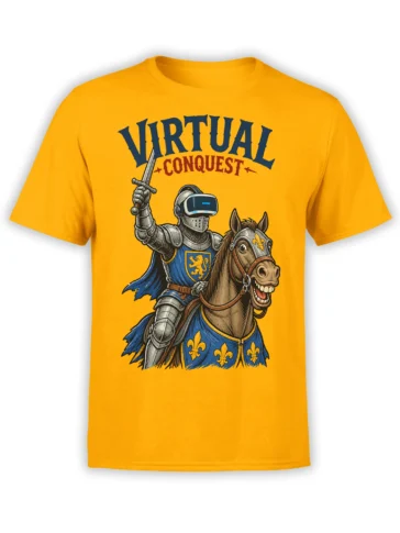 Yellow T-shirt with a VR-visored knight riding a smiling horse beneath Virtual Conquest lettering