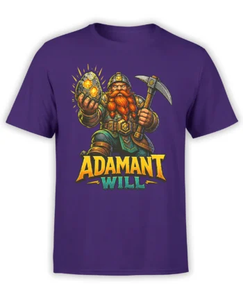 Purple fantasy T-shirt with a bearded dwarf holding a glowing stone and pickaxe above “ADAMANT WILL” text