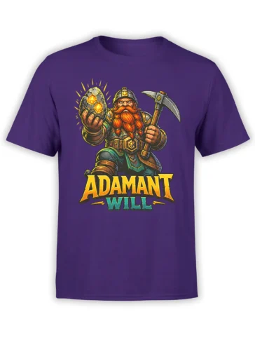 Purple fantasy T-shirt with a bearded dwarf holding a glowing stone and pickaxe above “ADAMANT WILL” text