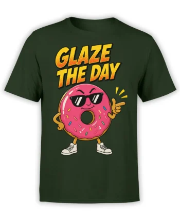 Pink glazed donut character in sunglasses and sneakers on a green Glaze the Day T-shirt