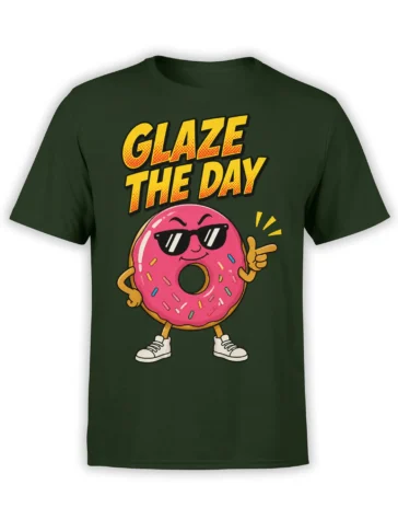 Pink glazed donut character in sunglasses and sneakers on a green Glaze the Day T-shirt