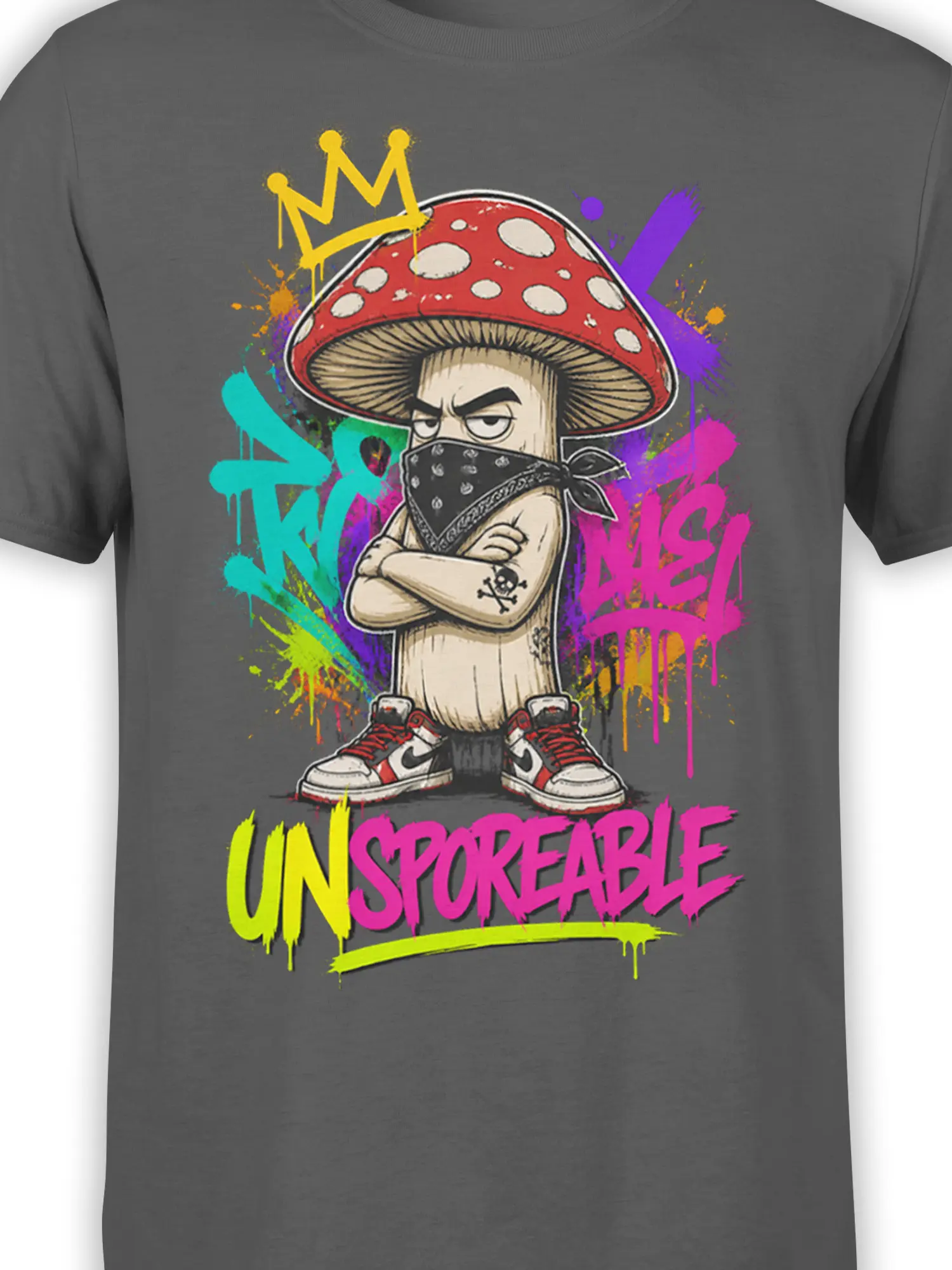 Close-up of crowned mushroom character artwork with red cap, bandana, graffiti colors, and UNSPOKEABLE text