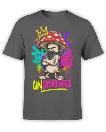 Dark gray mushroom graphic T-shirt with crowned character, colorful graffiti background, and UNSPOKEABLE lettering