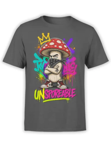 Dark gray mushroom graphic T-shirt with crowned character, colorful graffiti background, and UNSPOKEABLE lettering