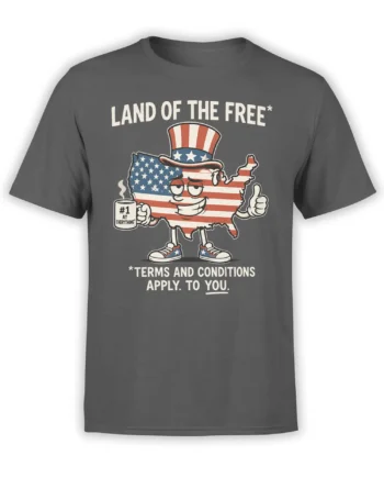 Gray USA graphic T-shirt with a stars-and-stripes map character, coffee mug, and sarcastic fine print