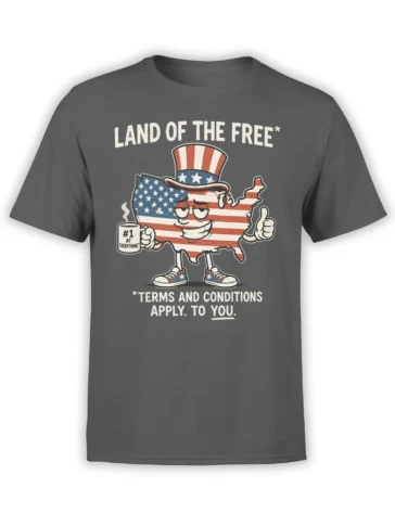 Gray USA graphic T-shirt with a stars-and-stripes map character, coffee mug, and sarcastic fine print