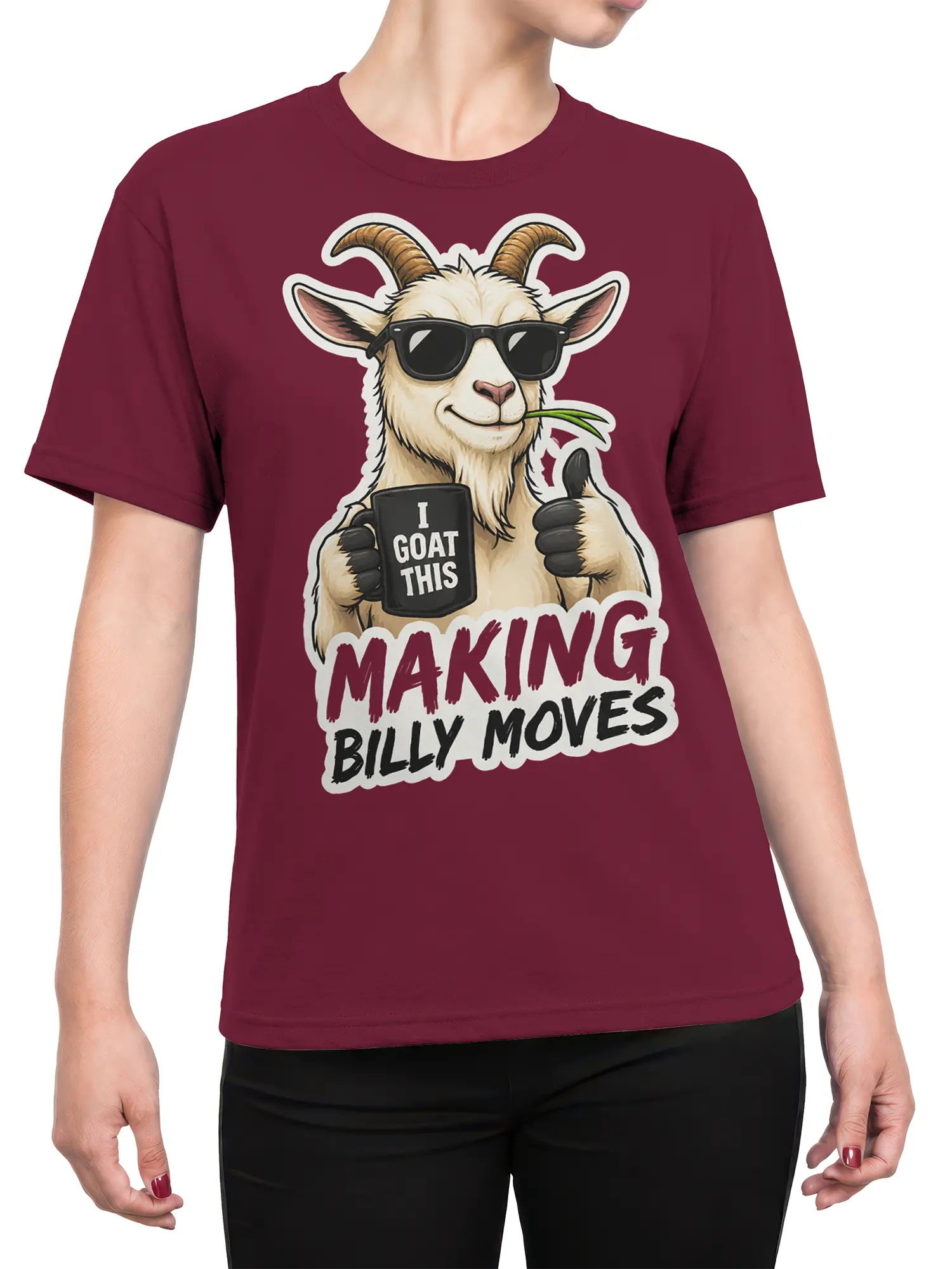 Female torso wearing a burgundy goat graphic tee with sunglasses, mug, and motivational lettering