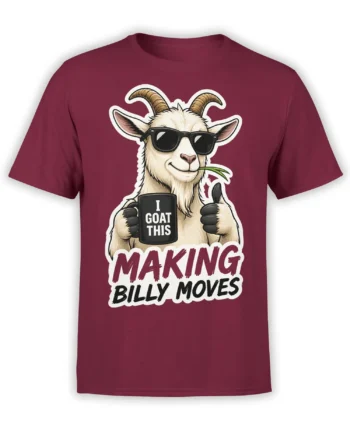 Funny goat wearing sunglasses and holding an I GOAT THIS mug on a burgundy graphic T-shirt