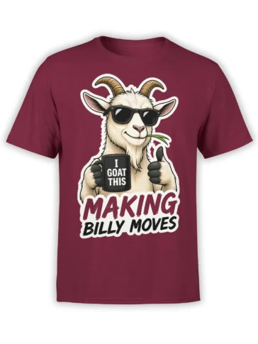 Funny goat wearing sunglasses and holding an I GOAT THIS mug on a burgundy graphic T-shirt