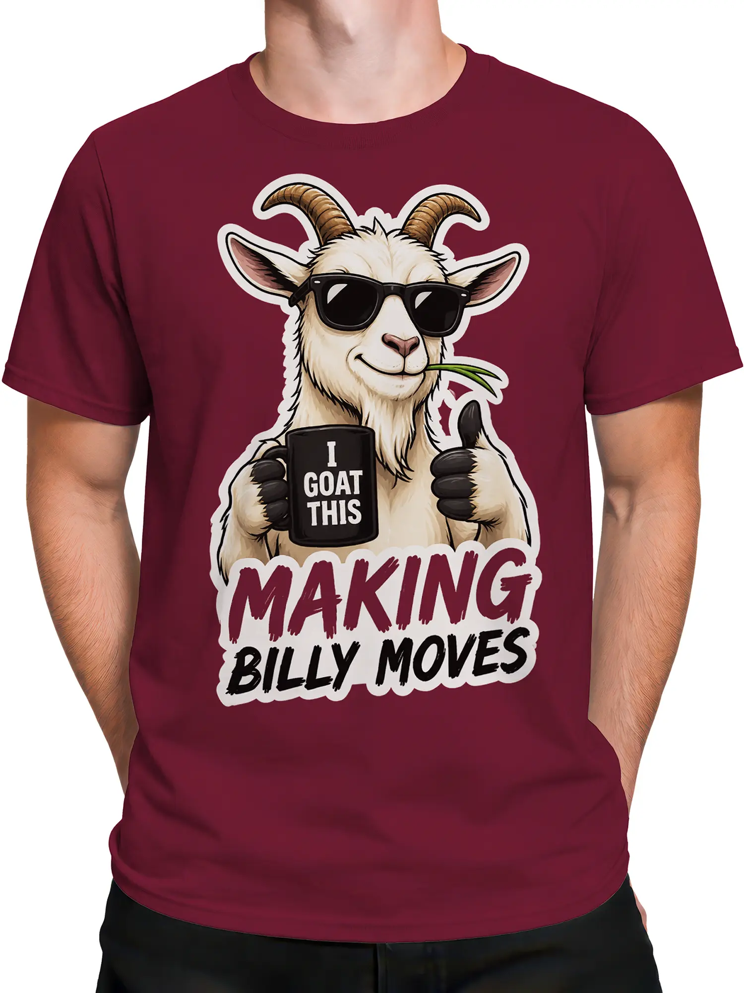 Male torso wearing a burgundy funny goat T-shirt with bold sunglasses and mug artwork