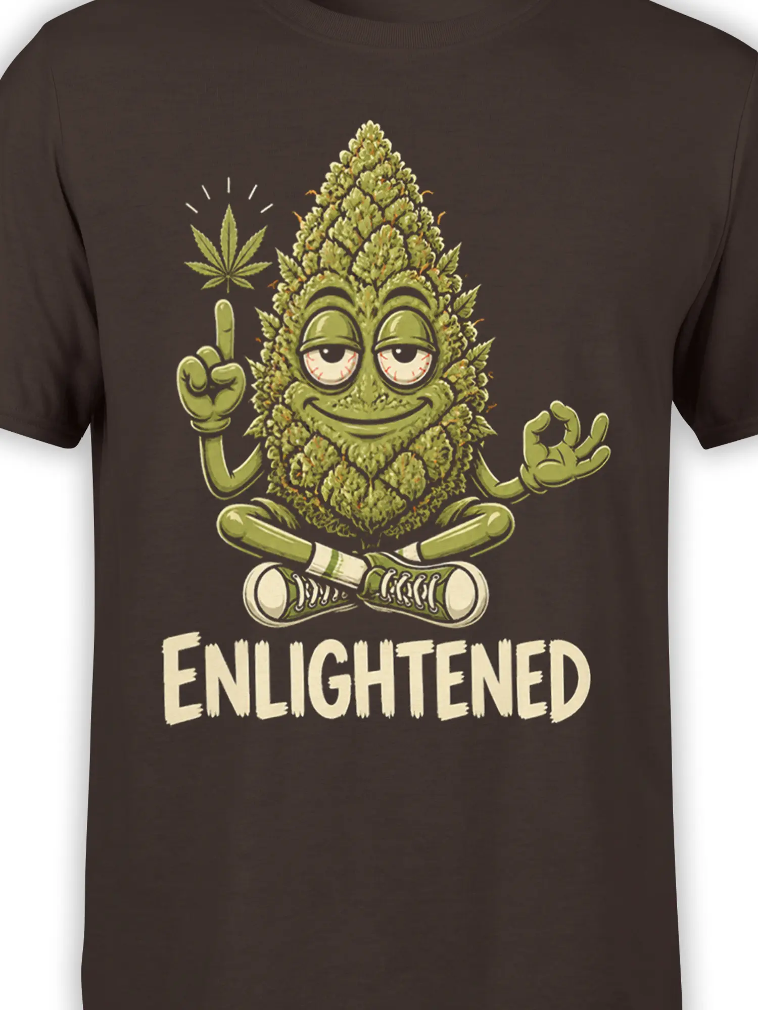 Close-up of the meditating cannabis bud graphic and Enlightened text on a dark brown T-shirt