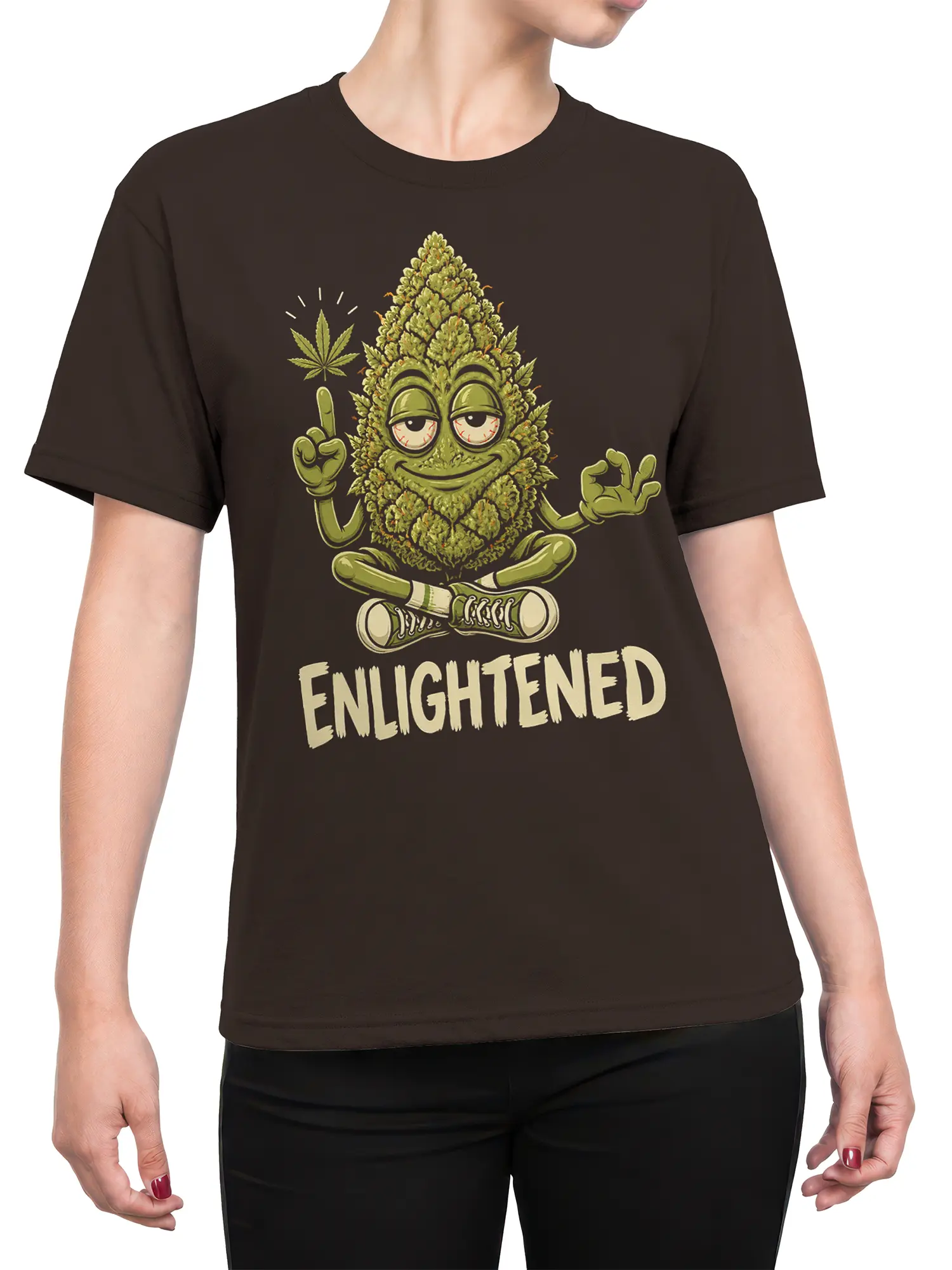 Female torso wearing a dark brown T-shirt with an Enlightened meditating cannabis bud graphic