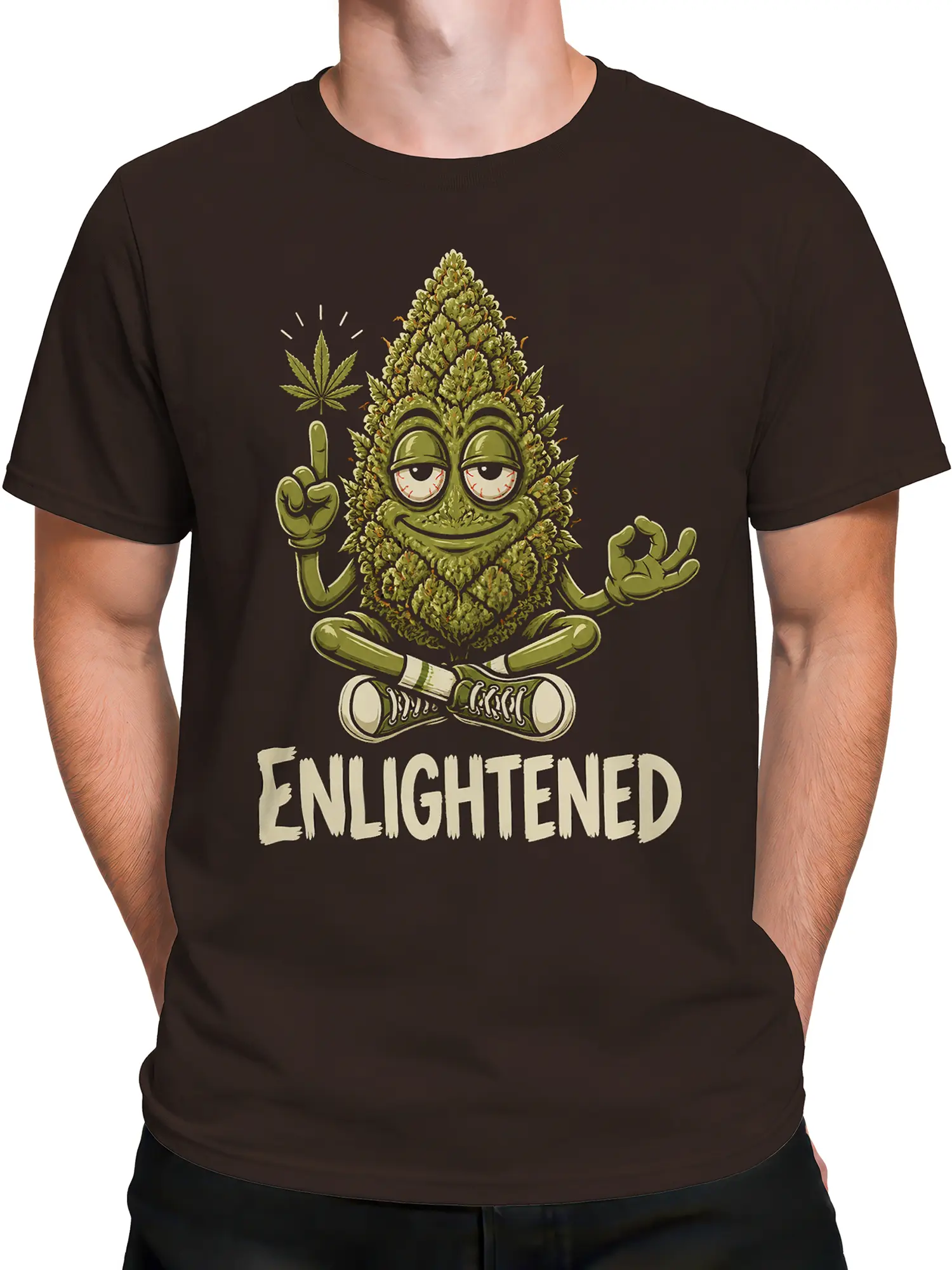 Male torso wearing a dark brown T-shirt with a meditating cannabis bud and Enlightened lettering