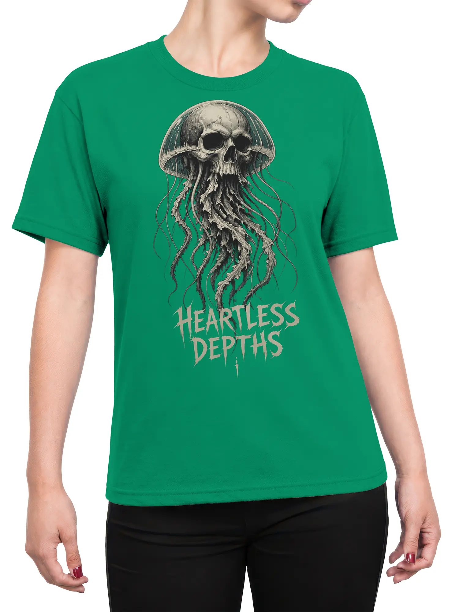Female torso wearing a green T-shirt with a skull jellyfish and Heartless Depths graphic